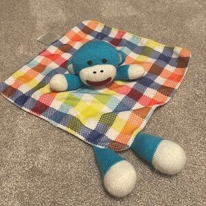 Baby Starters Sock Monkey Lovey Blue Knit Plaid Baby Security Blanket Rattle